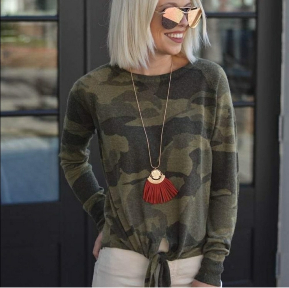 Olivaceous tie front sweater